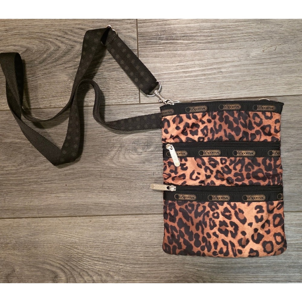 LeSportsac Women Small 3-Zip Crossbody Bag Brown Leopard Animal Print Travel y2k